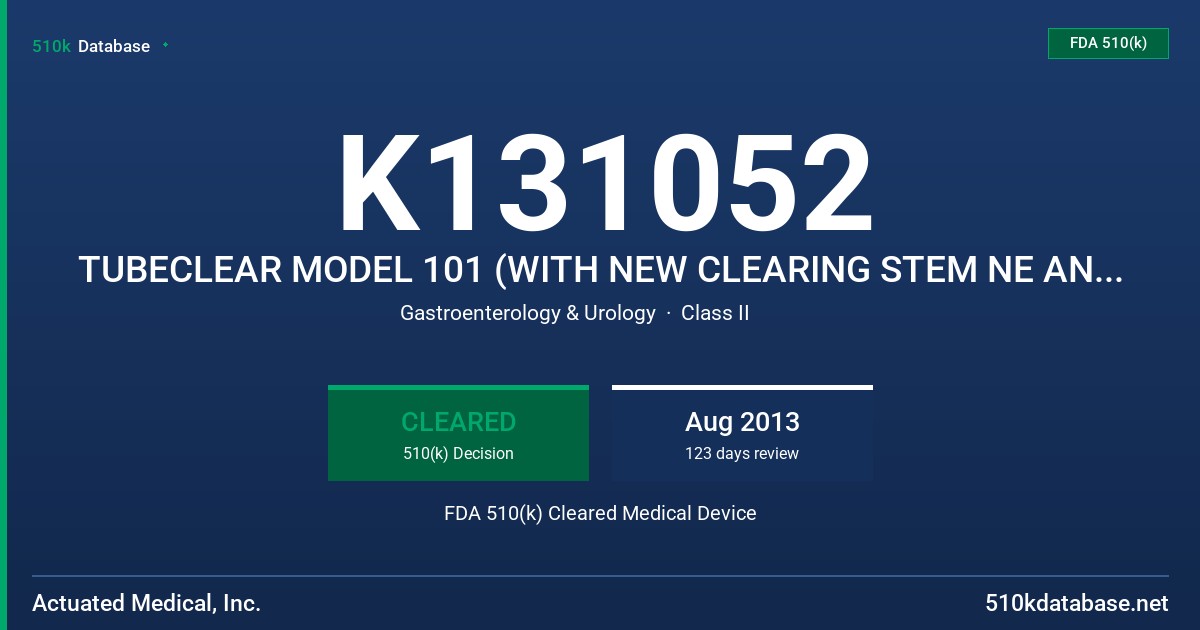 K131052 TUBECLEAR MODEL 101 (WITH NEW CLEARING STEM NE AND G MODELS) FDA 510(k) Cleared Medical Device