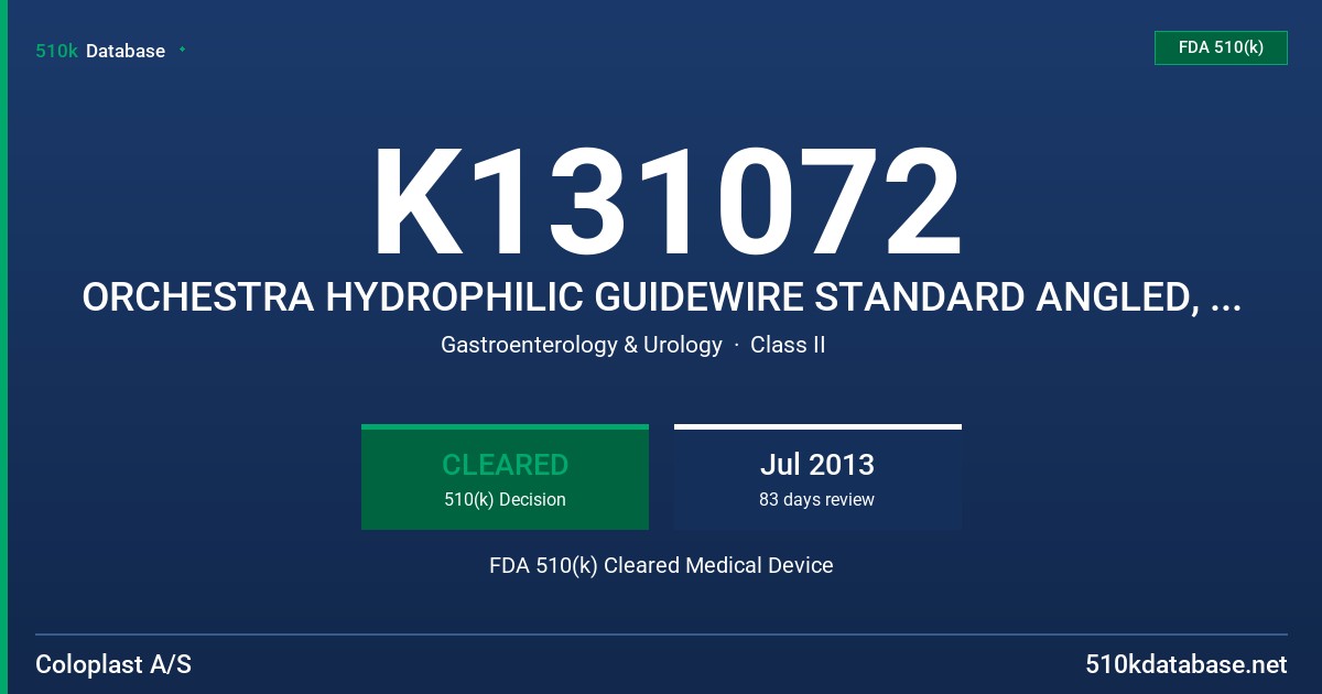 K131072 ORCHESTRA HYDROPHILIC GUIDEWIRE STANDARD ANGLED, ORCHESTRA HYDROPHILIC GUIDEWIRE STRAIGHT STIFF, ORCHESTRA HYDROPHILIC FDA 510(k) Cleared Medical Device