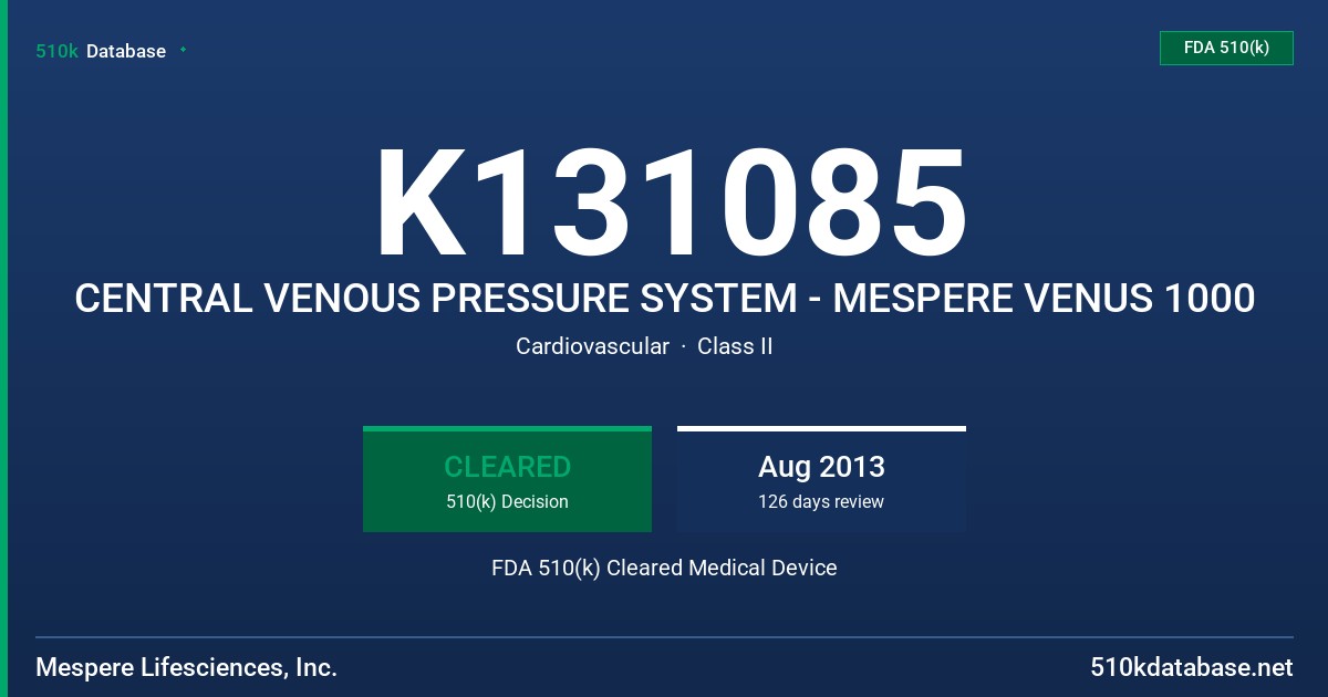 K131085 CENTRAL VENOUS PRESSURE SYSTEM - MESPERE VENUS 1000 FDA 510(k) Cleared Medical Device