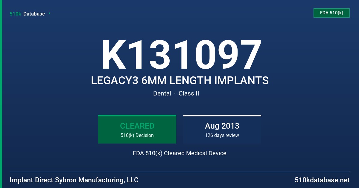 K131097 LEGACY3 6MM LENGTH IMPLANTS FDA 510(k) Cleared Medical Device