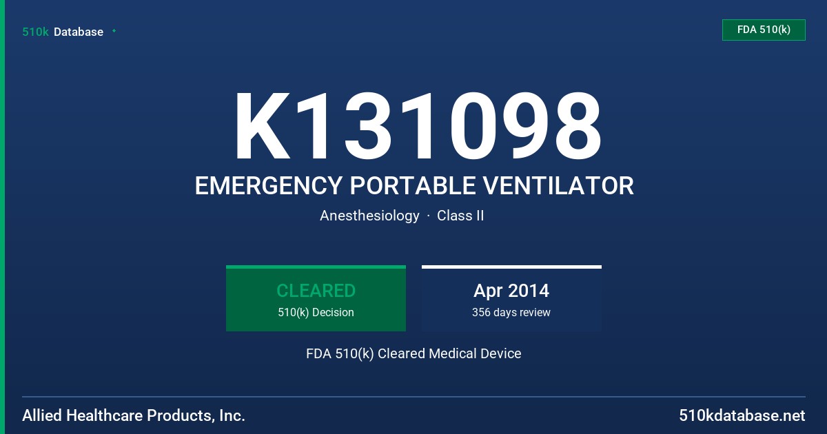 K131098 EMERGENCY PORTABLE VENTILATOR FDA 510(k) Cleared Medical Device