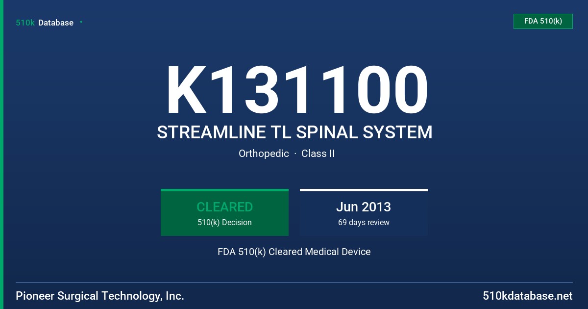 K131100 STREAMLINE TL SPINAL SYSTEM FDA 510(k) Cleared Medical Device