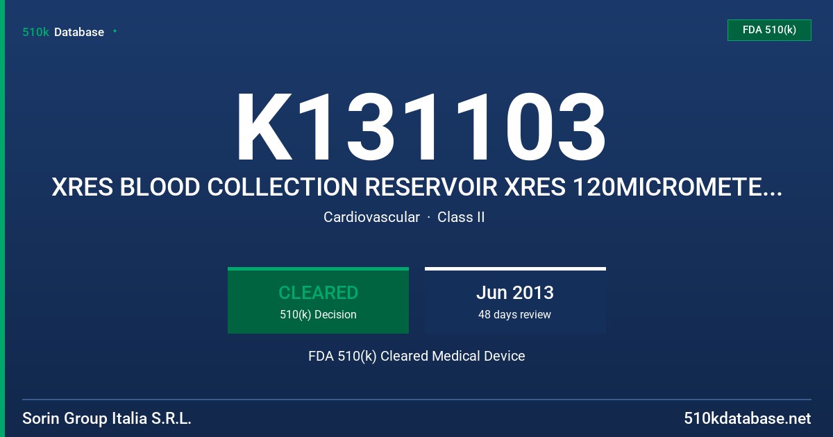K131103 XRES BLOOD COLLECTION RESERVOIR XRES 120MICROMETER BLOOD COLLECTION RESERVOIR FDA 510(k) Cleared Medical Device