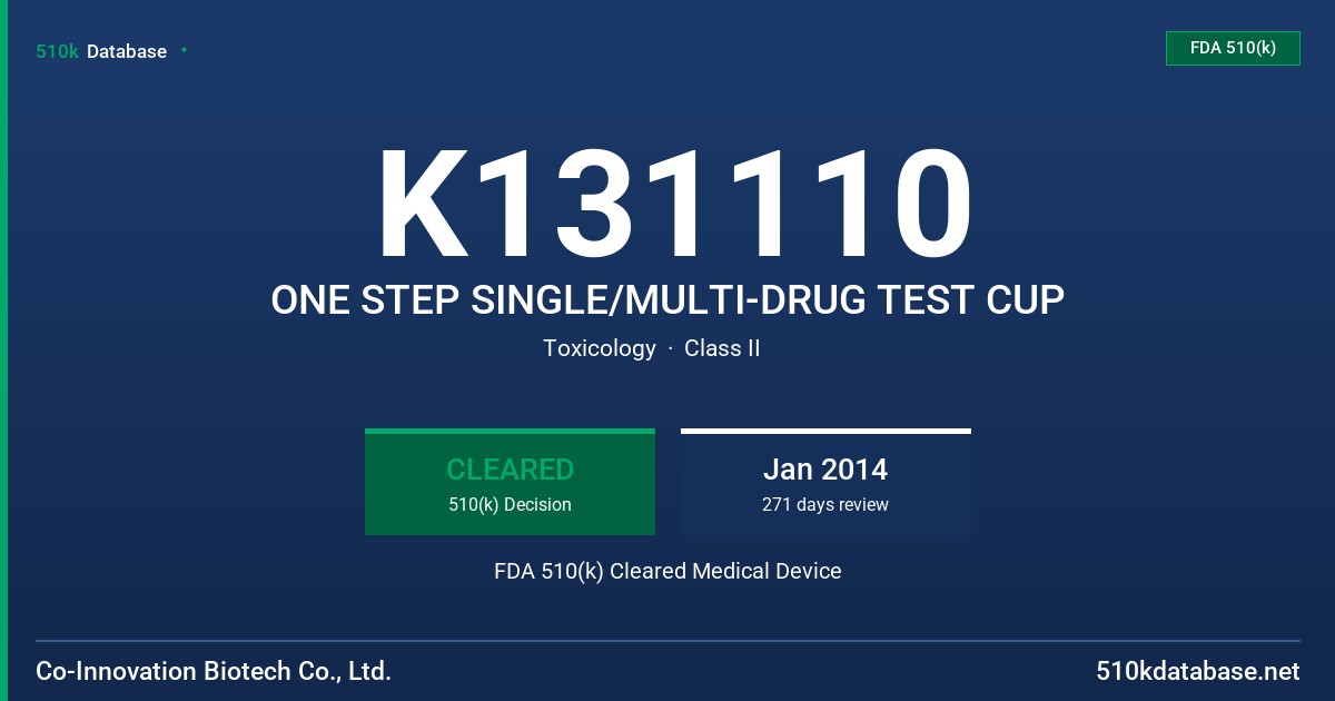 K131110 ONE STEP SINGLE/MULTI-DRUG TEST CUP FDA 510(k) Cleared Medical Device