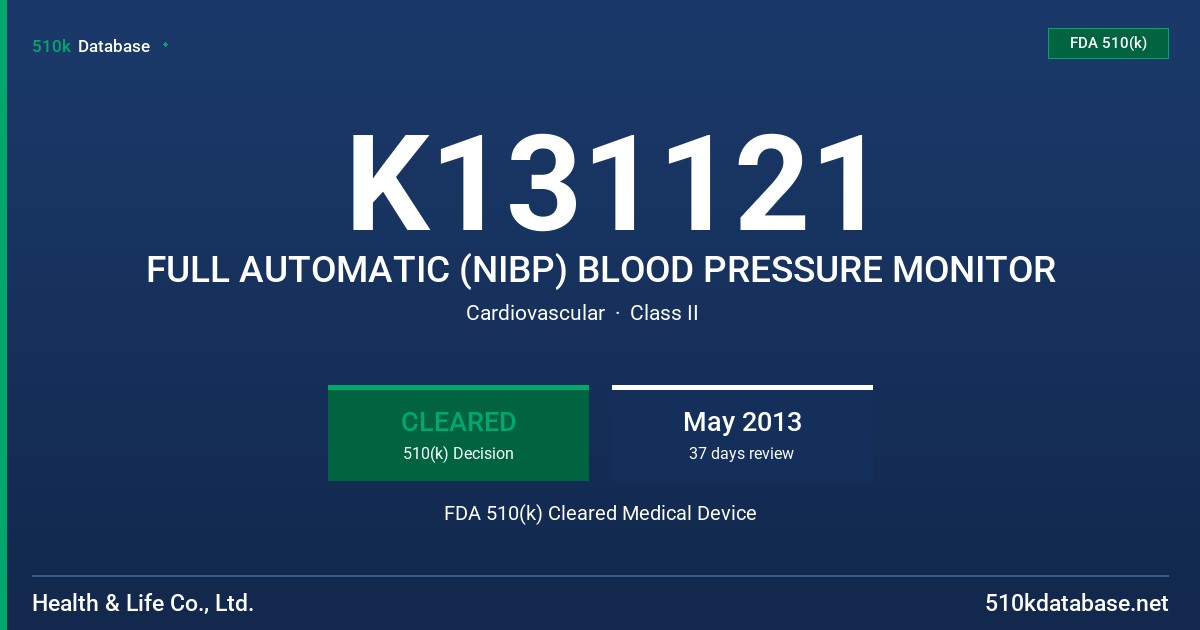 K131121 FULL AUTOMATIC (NIBP) BLOOD PRESSURE MONITOR FDA 510(k) Cleared Medical Device