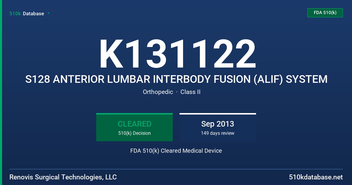 K131122 S128 ANTERIOR LUMBAR INTERBODY FUSION (ALIF) SYSTEM FDA 510(k) Cleared Medical Device