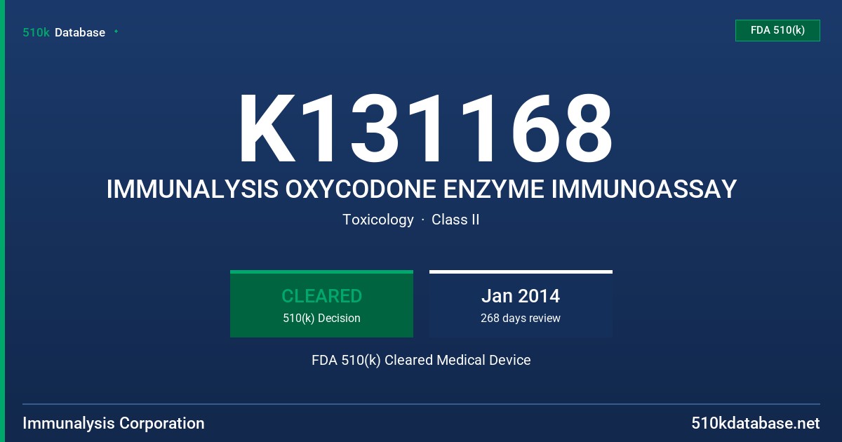 K131168 IMMUNALYSIS OXYCODONE ENZYME IMMUNOASSAY FDA 510(k) Cleared Medical Device