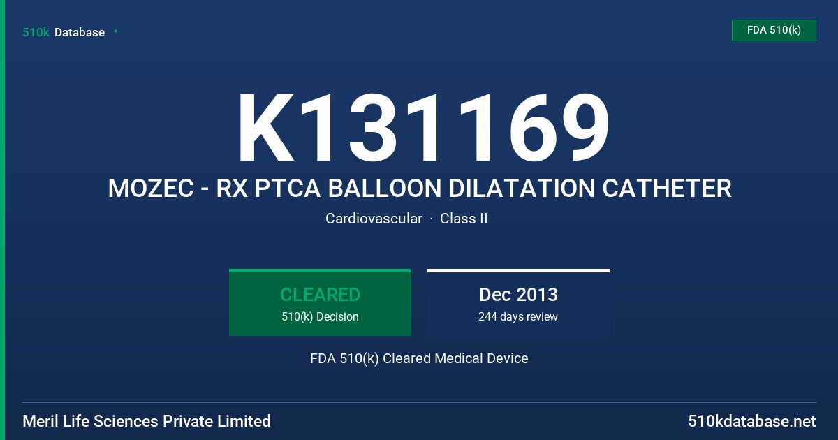 K131169 MOZEC - RX PTCA BALLOON DILATATION CATHETER FDA 510(k) Cleared Medical Device
