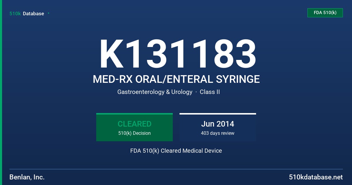 K131183 MED-RX ORAL/ENTERAL SYRINGE FDA 510(k) Cleared Medical Device