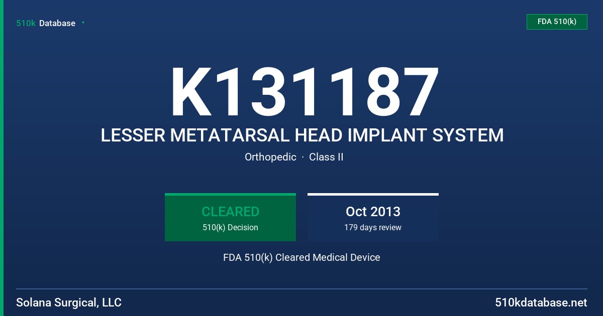 K131187 LESSER METATARSAL HEAD IMPLANT SYSTEM FDA 510(k) Cleared Medical Device