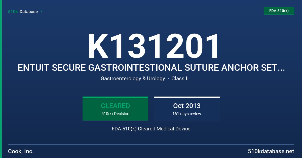 K131201 ENTUIT SECURE GASTROINTESTIONAL SUTURE ANCHOR SET, ENTUIT SECURE ADJUSTABLE GASTROINTESTINAL SUTURE ANCHOR SET FDA 510(k) Cleared Medical Device