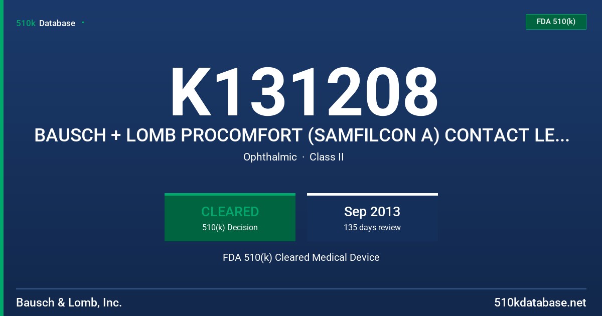K131208 BAUSCH + LOMB PROCOMFORT (SAMFILCON A) CONTACT LENS, BAUSCH + LOMB PROCOMFORT (SAMFILCON A) CONTACT LENS FOR PRESBYOPIA, FDA 510(k) Cleared Medical Device
