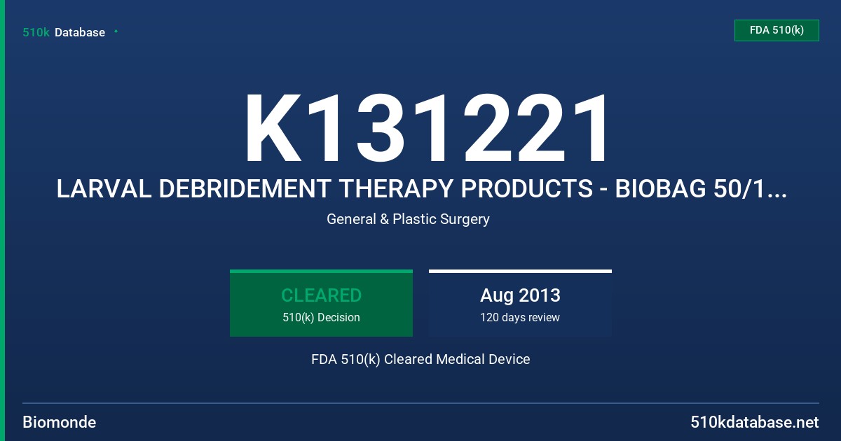 K131221 LARVAL DEBRIDEMENT THERAPY PRODUCTS - BIOBAG 50/100/200/300/400 FDA 510(k) Cleared Medical Device