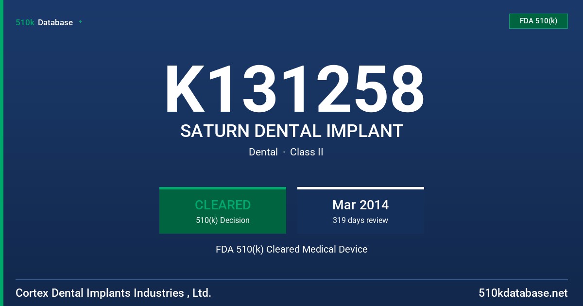 K131258 SATURN DENTAL IMPLANT FDA 510(k) Cleared Medical Device