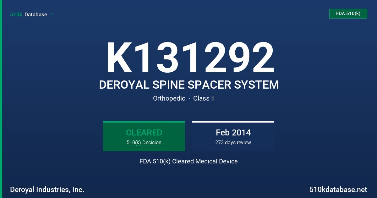 K131292 DEROYAL SPINE SPACER SYSTEM FDA 510(k) Cleared Medical Device
