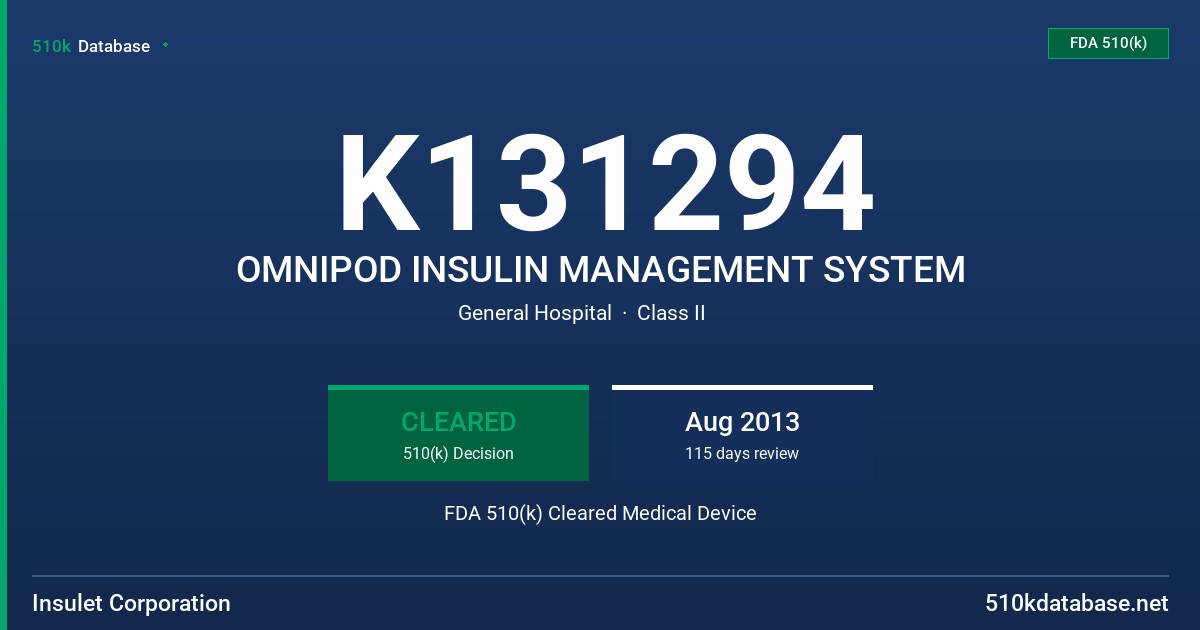 K131294 OMNIPOD INSULIN MANAGEMENT SYSTEM FDA 510(k) Cleared Medical Device