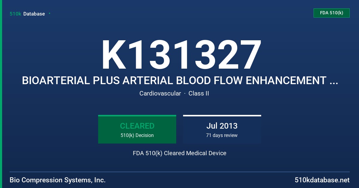 K131327 BIOARTERIAL PLUS ARTERIAL BLOOD FLOW ENHANCEMENT SYSTEM FDA 510(k) Cleared Medical Device