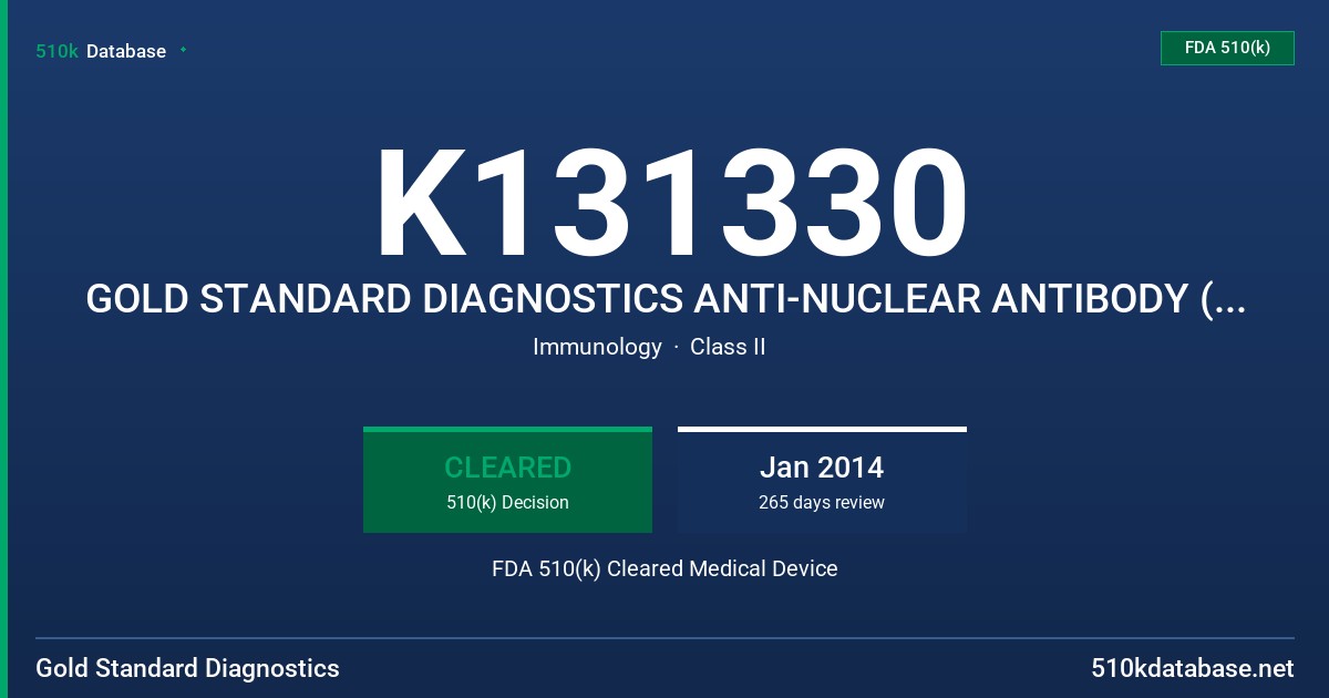 K131330 GOLD STANDARD DIAGNOSTICS ANTI-NUCLEAR ANTIBODY (ANA) SCREEN ELISA TEST KIT FDA 510(k) Cleared Medical Device