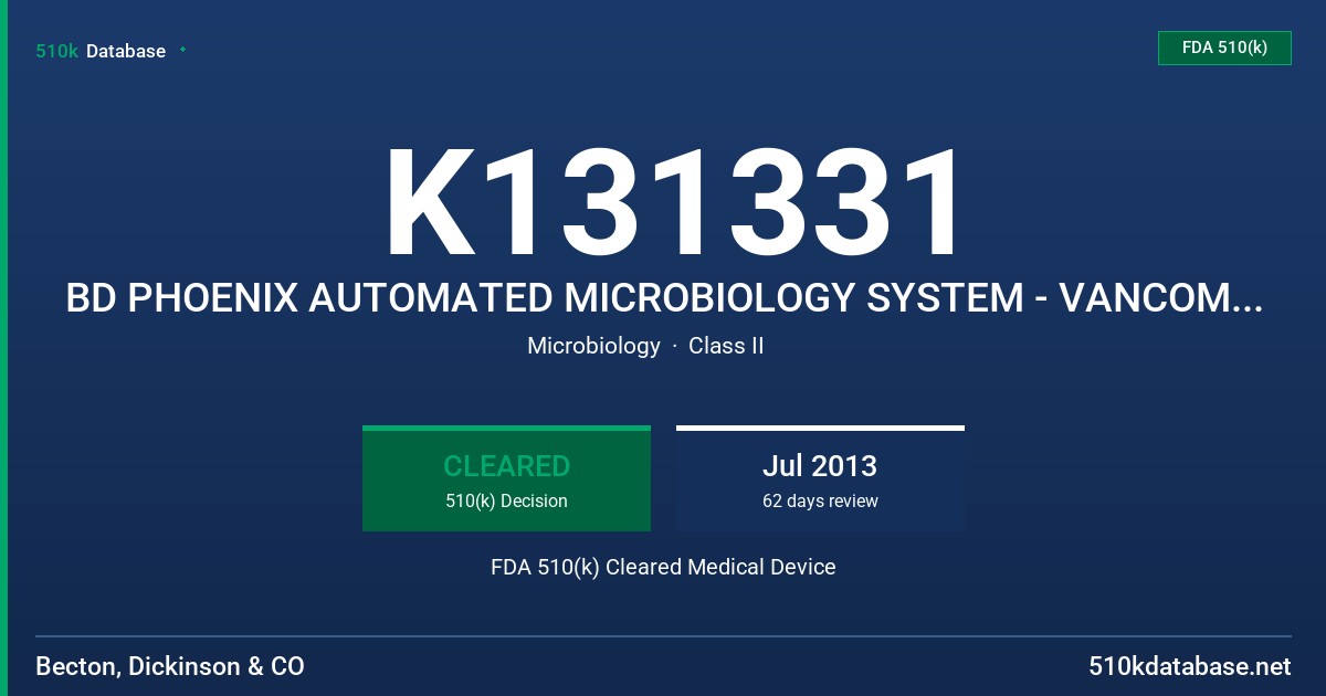 K131331 BD PHOENIX AUTOMATED MICROBIOLOGY SYSTEM - VANCOMYCIN (0.5-32 UG/ML) FDA 510(k) Cleared Medical Device