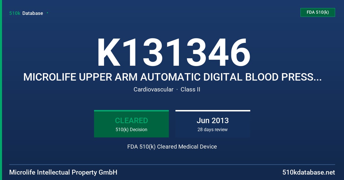 K131346 MICROLIFE UPPER ARM AUTOMATIC DIGITAL BLOOD PRESSURE MONITOR FDA 510(k) Cleared Medical Device