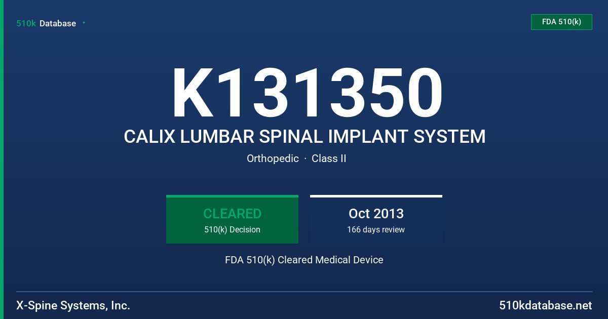 K131350 CALIX LUMBAR SPINAL IMPLANT SYSTEM FDA 510(k) Cleared Medical Device