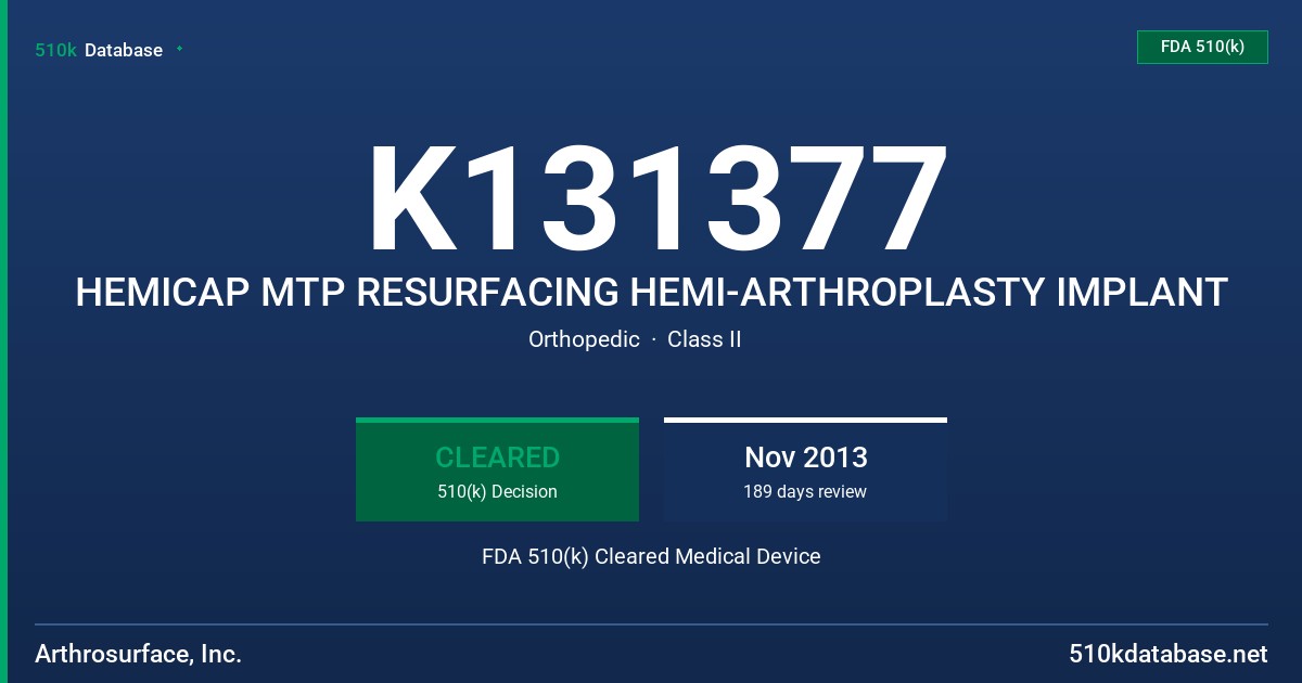 K131377 HEMICAP MTP RESURFACING HEMI-ARTHROPLASTY IMPLANT FDA 510(k) Cleared Medical Device