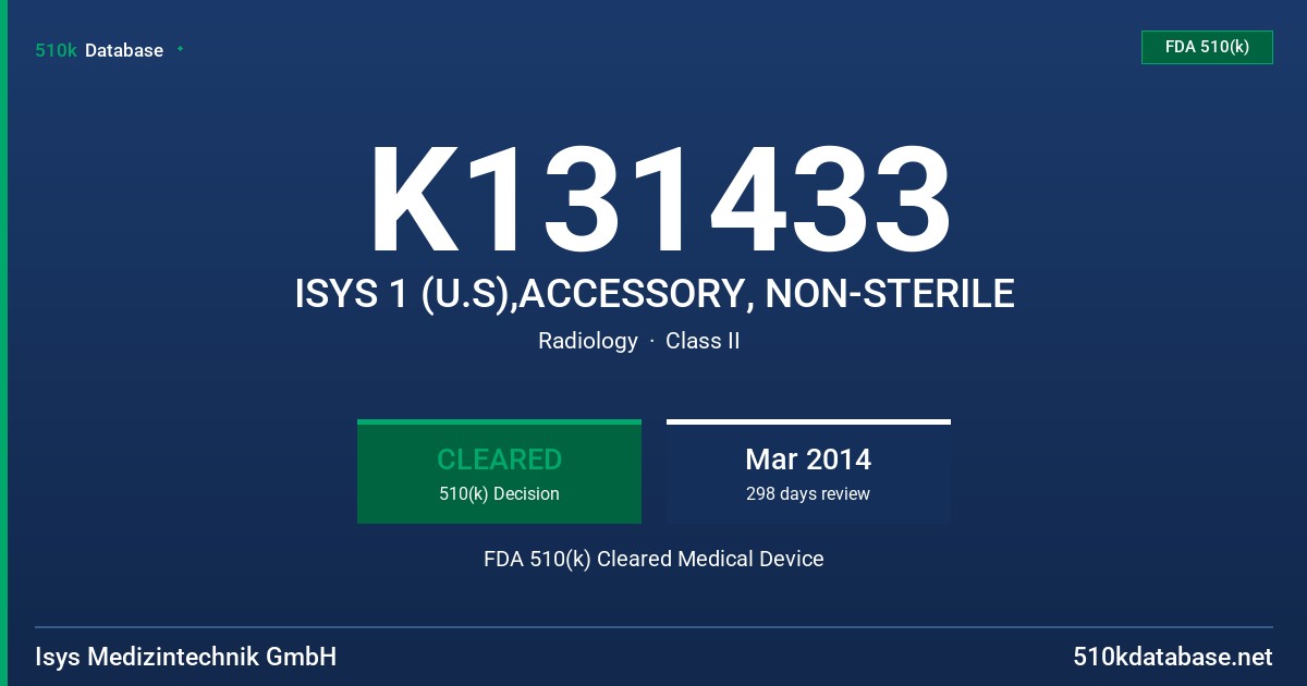 K131433 ISYS 1 (U.S),ACCESSORY, NON-STERILE FDA 510(k) Cleared Medical Device