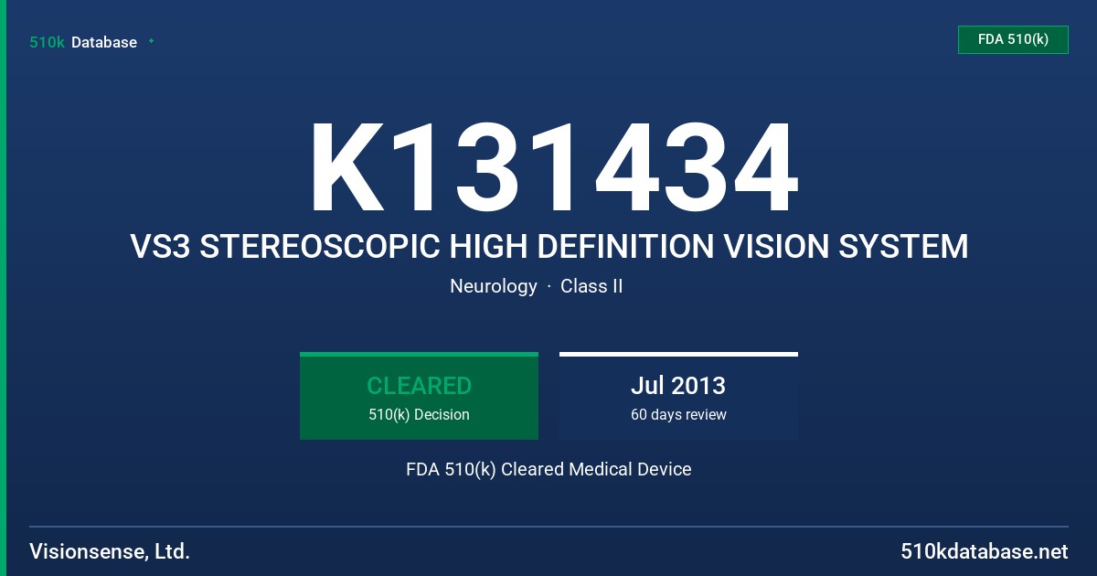 K131434 VS3 STEREOSCOPIC HIGH DEFINITION VISION SYSTEM FDA 510(k) Cleared Medical Device