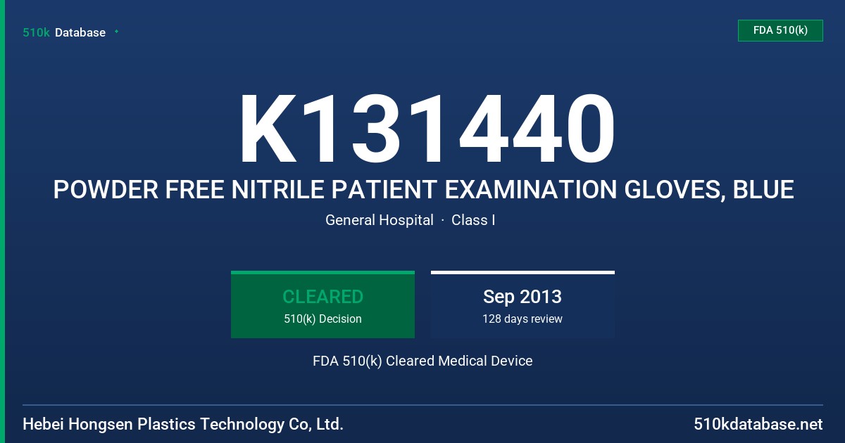 K131440 POWDER FREE NITRILE PATIENT EXAMINATION GLOVES, BLUE FDA 510(k) Cleared Medical Device
