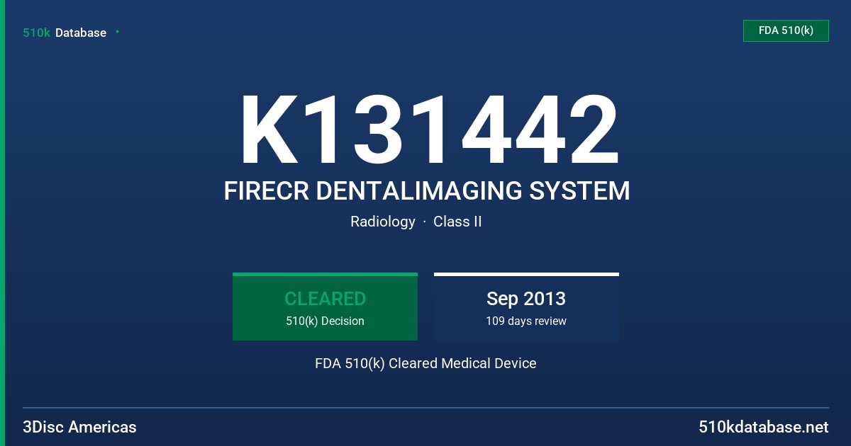 K131442 FIRECR DENTALIMAGING SYSTEM FDA 510(k) Cleared Medical Device