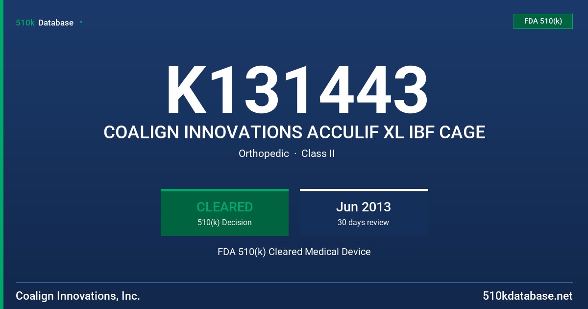 K131443 COALIGN INNOVATIONS ACCULIF XL IBF CAGE FDA 510(k) Cleared Medical Device