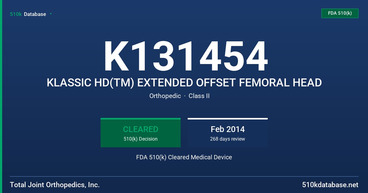 K131454 KLASSIC HD(TM) EXTENDED OFFSET FEMORAL HEAD FDA 510(k) Cleared Medical Device