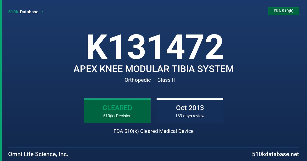 K131472 APEX KNEE MODULAR TIBIA SYSTEM FDA 510(k) Cleared Medical Device