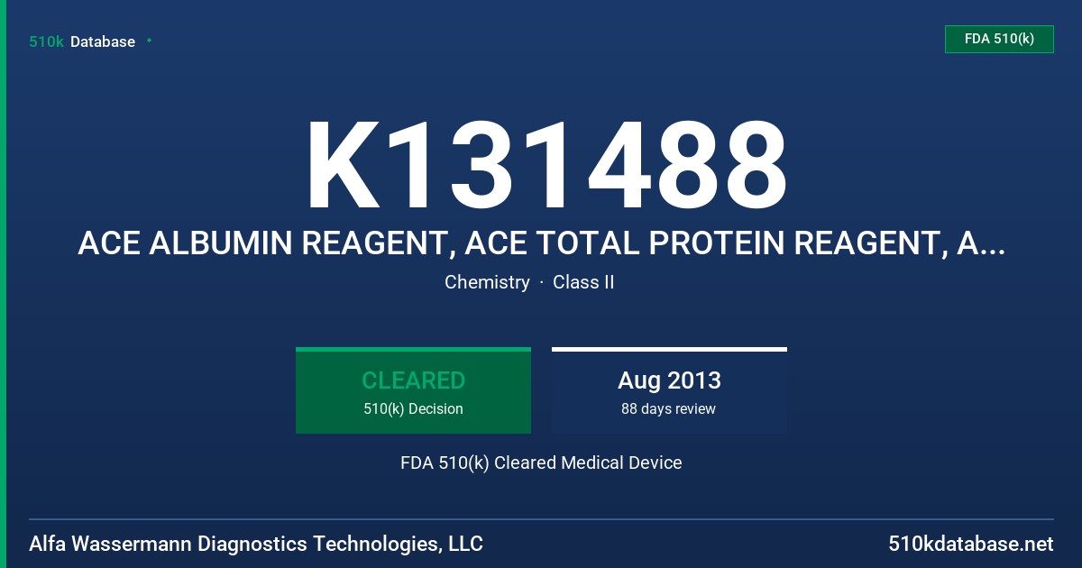 K131488 ACE ALBUMIN REAGENT, ACE TOTAL PROTEIN REAGENT, ACE CALCIUM-ARSENAZO REAGENT AND ACE PHOSPHORUS REAGENT FDA 510(k) Cleared Medical Device