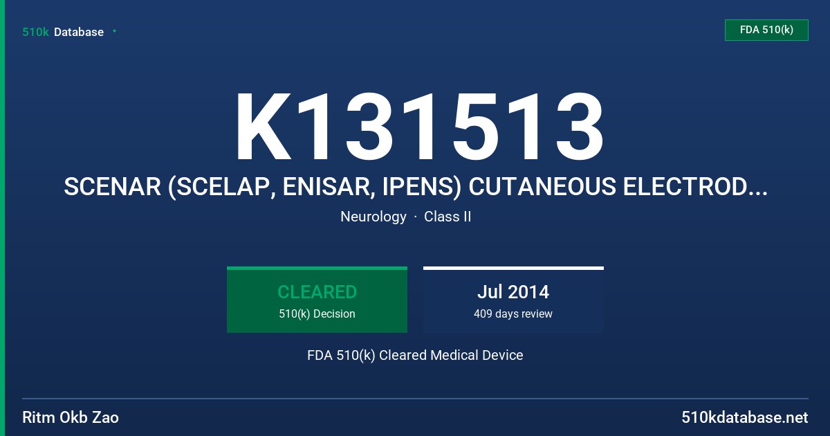 K131513 SCENAR (SCELAP, ENISAR, IPENS) CUTANEOUS ELECTRODE FAMILY FDA 510(k) Cleared Medical Device