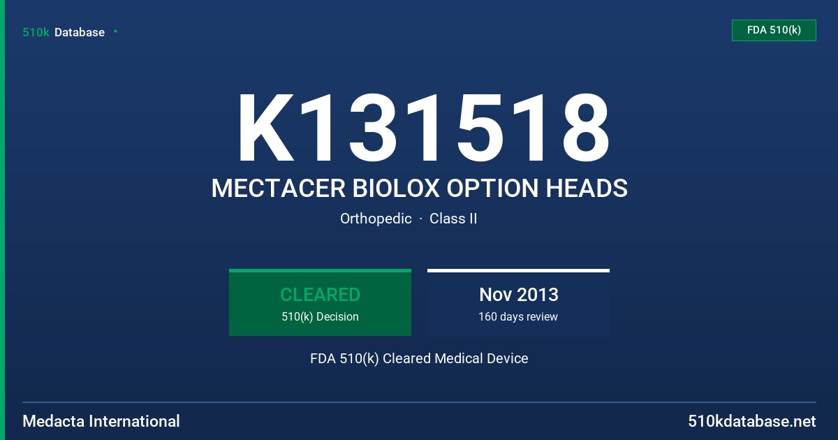 K131518 MECTACER BIOLOX OPTION HEADS FDA 510(k) Cleared Medical Device