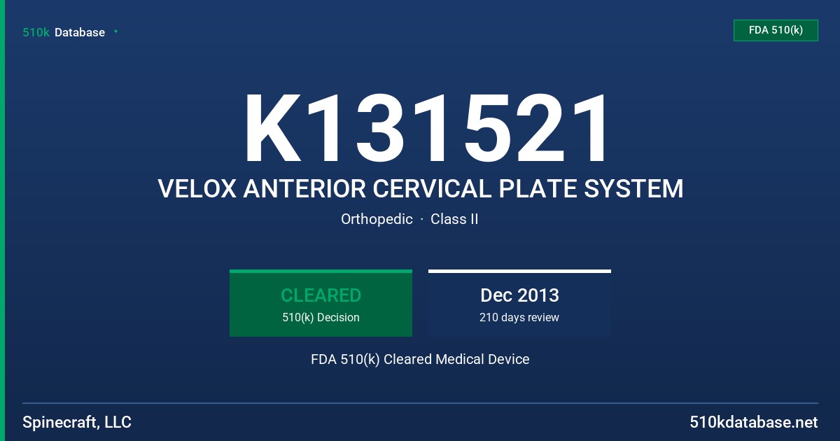 K131521 VELOX ANTERIOR CERVICAL PLATE SYSTEM FDA 510(k) Cleared Medical Device