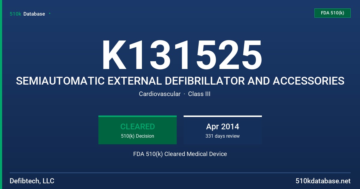K131525 SEMIAUTOMATIC EXTERNAL DEFIBRILLATOR AND ACCESSORIES FDA 510(k) Cleared Medical Device