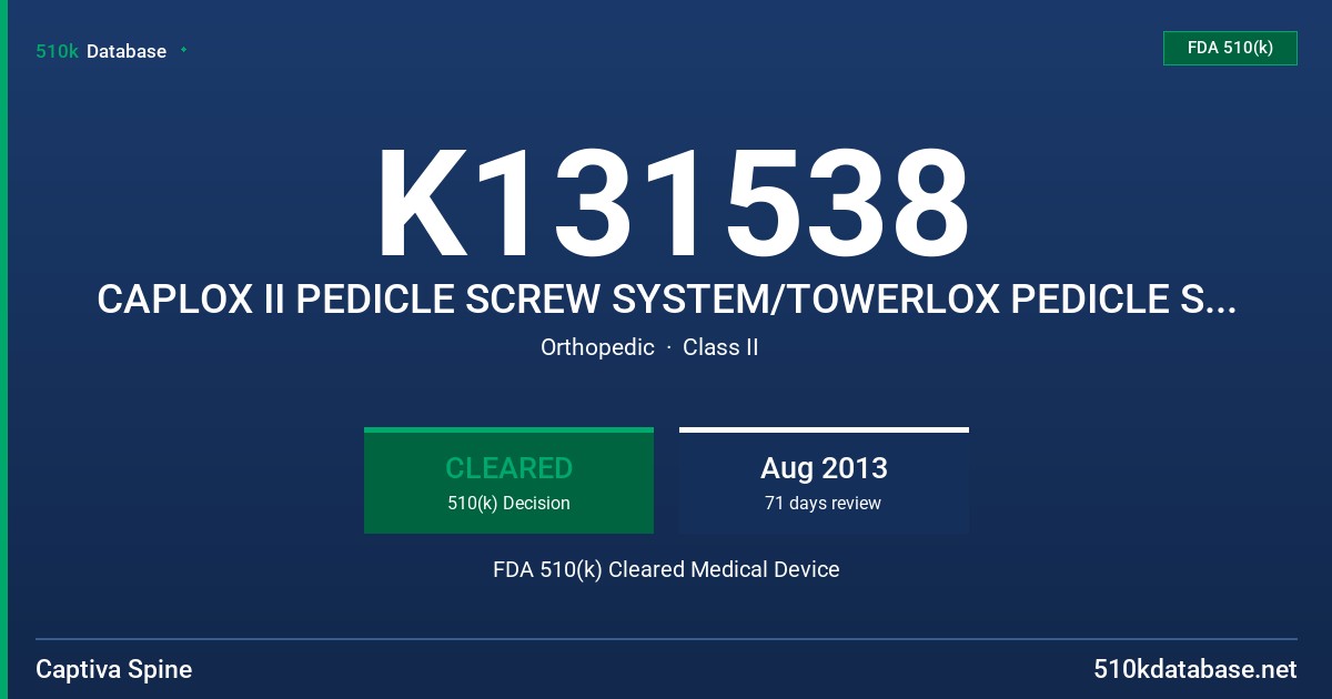 K131538 CAPLOX II PEDICLE SCREW SYSTEM/TOWERLOX PEDICLE SCREW SYSTEM FDA 510(k) Cleared Medical Device