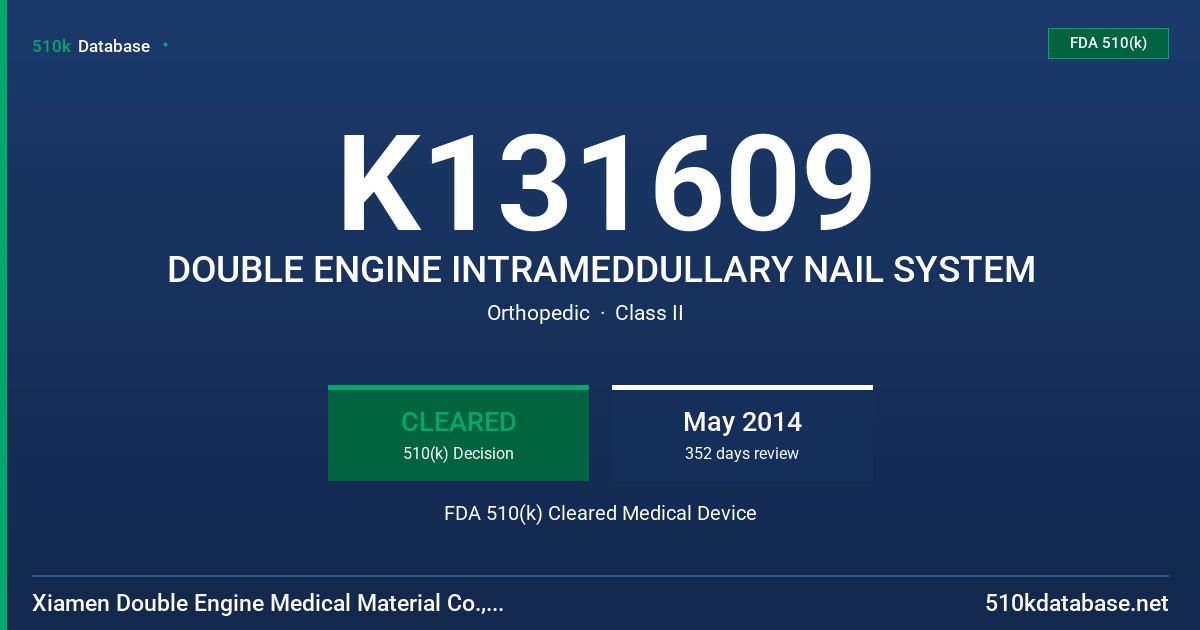 K131609 DOUBLE ENGINE INTRAMEDDULLARY NAIL SYSTEM FDA 510(k) Cleared Medical Device