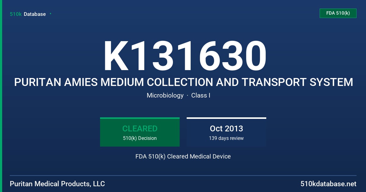 K131630 PURITAN AMIES MEDIUM COLLECTION AND TRANSPORT SYSTEM FDA 510(k) Cleared Medical Device