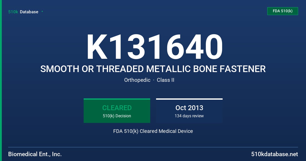 K131640 SMOOTH OR THREADED METALLIC BONE FASTENER FDA 510(k) Cleared Medical Device