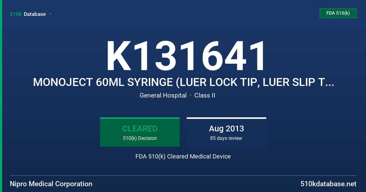 K131641 MONOJECT 60ML SYRINGE (LUER LOCK TIP, LUER SLIP TIP, CATHETER TIP) FDA 510(k) Cleared Medical Device