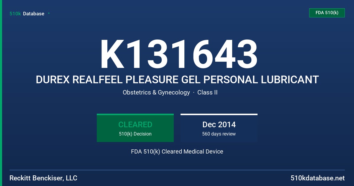 K131643 DUREX REALFEEL PLEASURE GEL PERSONAL LUBRICANT FDA 510(k) Cleared Medical Device