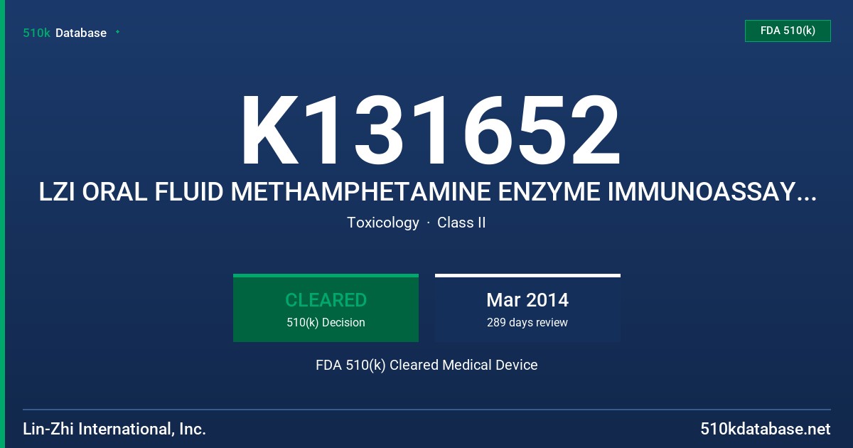 K131652 LZI ORAL FLUID METHAMPHETAMINE ENZYME IMMUNOASSAY, CALIBRATORS, CONTROLS FDA 510(k) Cleared Medical Device