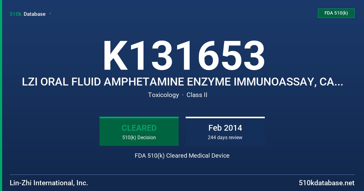 K131653 LZI ORAL FLUID AMPHETAMINE ENZYME IMMUNOASSAY, CALIBRATORS, CONTROLS FDA 510(k) Cleared Medical Device