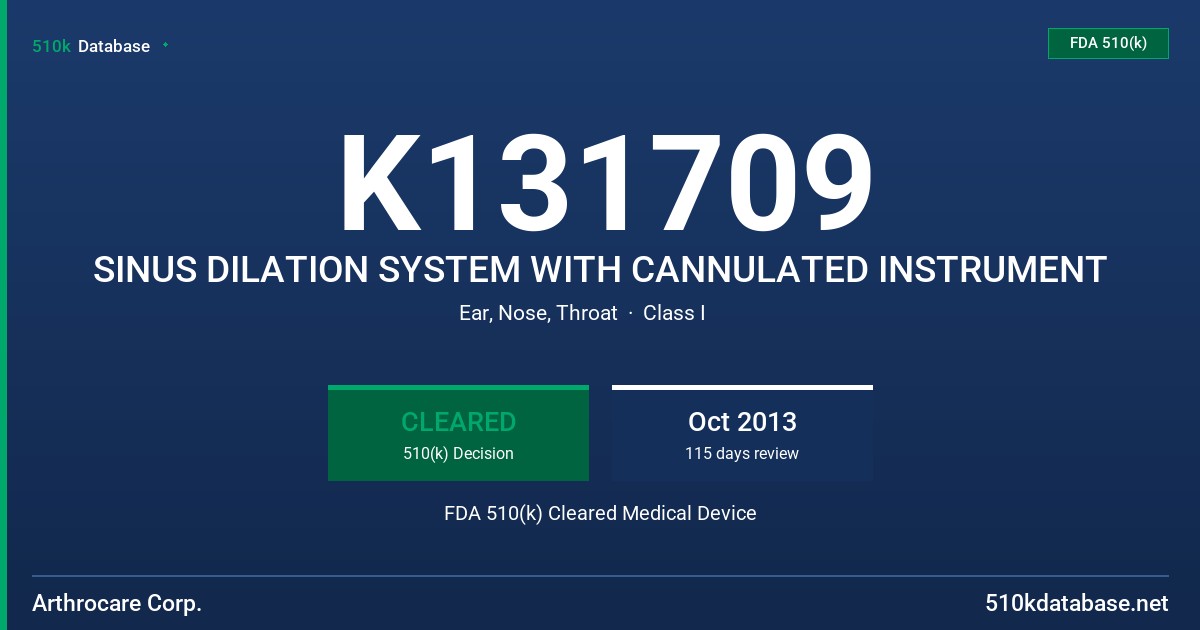 K131709 SINUS DILATION SYSTEM WITH CANNULATED INSTRUMENT FDA 510(k) Cleared Medical Device