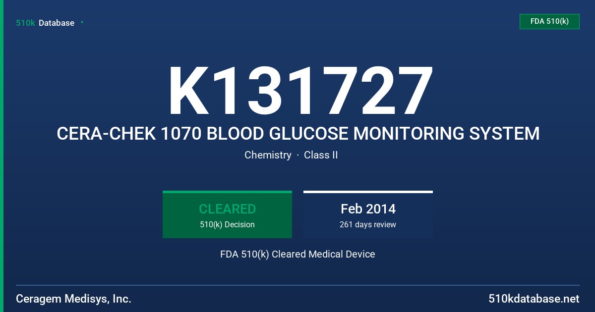 K131727 CERA-CHEK 1070 BLOOD GLUCOSE MONITORING SYSTEM FDA 510(k) Cleared Medical Device