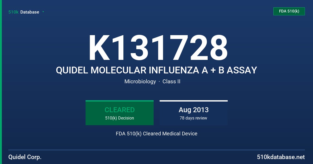 K131728 QUIDEL MOLECULAR INFLUENZA A + B ASSAY FDA 510(k) Cleared Medical Device