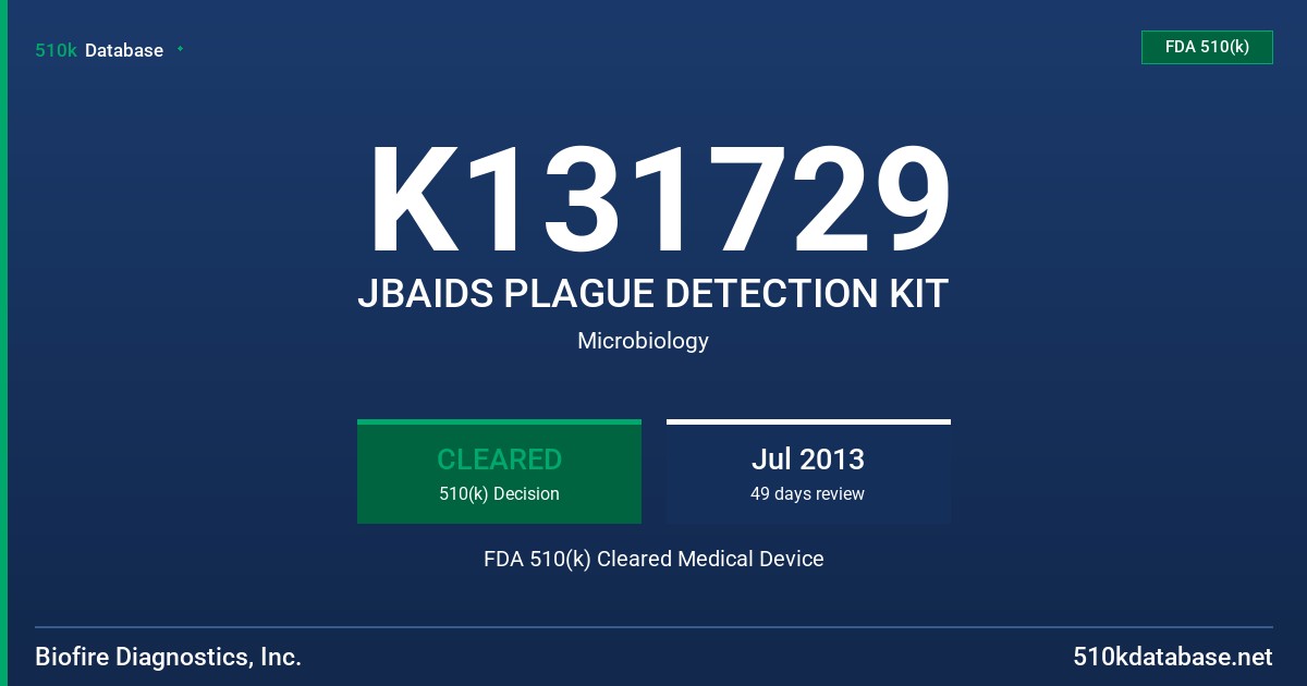 K131729 JBAIDS PLAGUE DETECTION KIT FDA 510(k) Cleared Medical Device